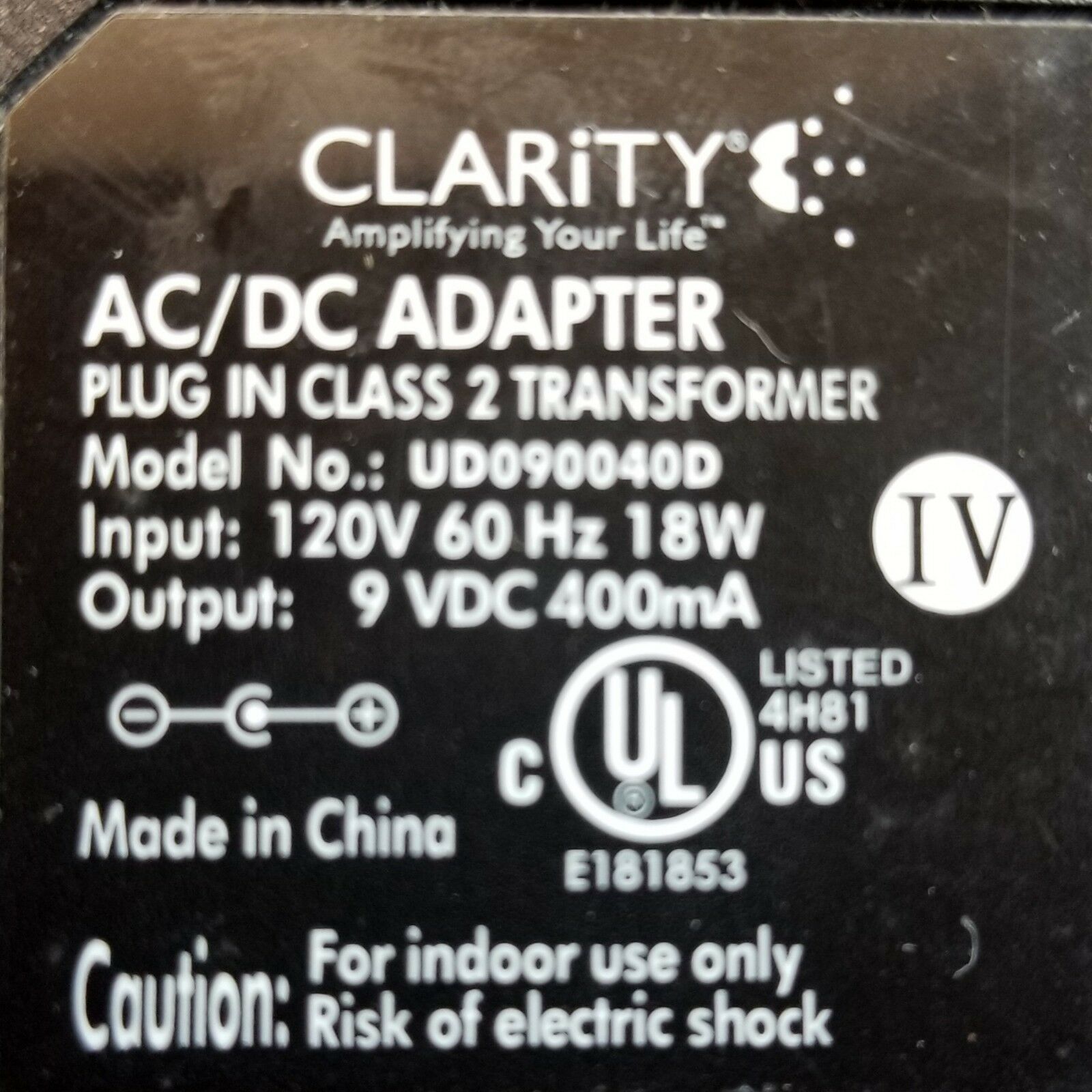*Brand NEW*9V 400mA CLARITY UD090040D Class 2 Transformer Ac Adapter - Click Image to Close